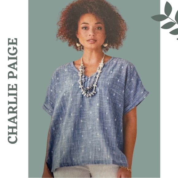 Charlie Paige Oversized Lightweight Cotton Top Blue White Rolled Sleeve Cuff - Picture 1 of 6